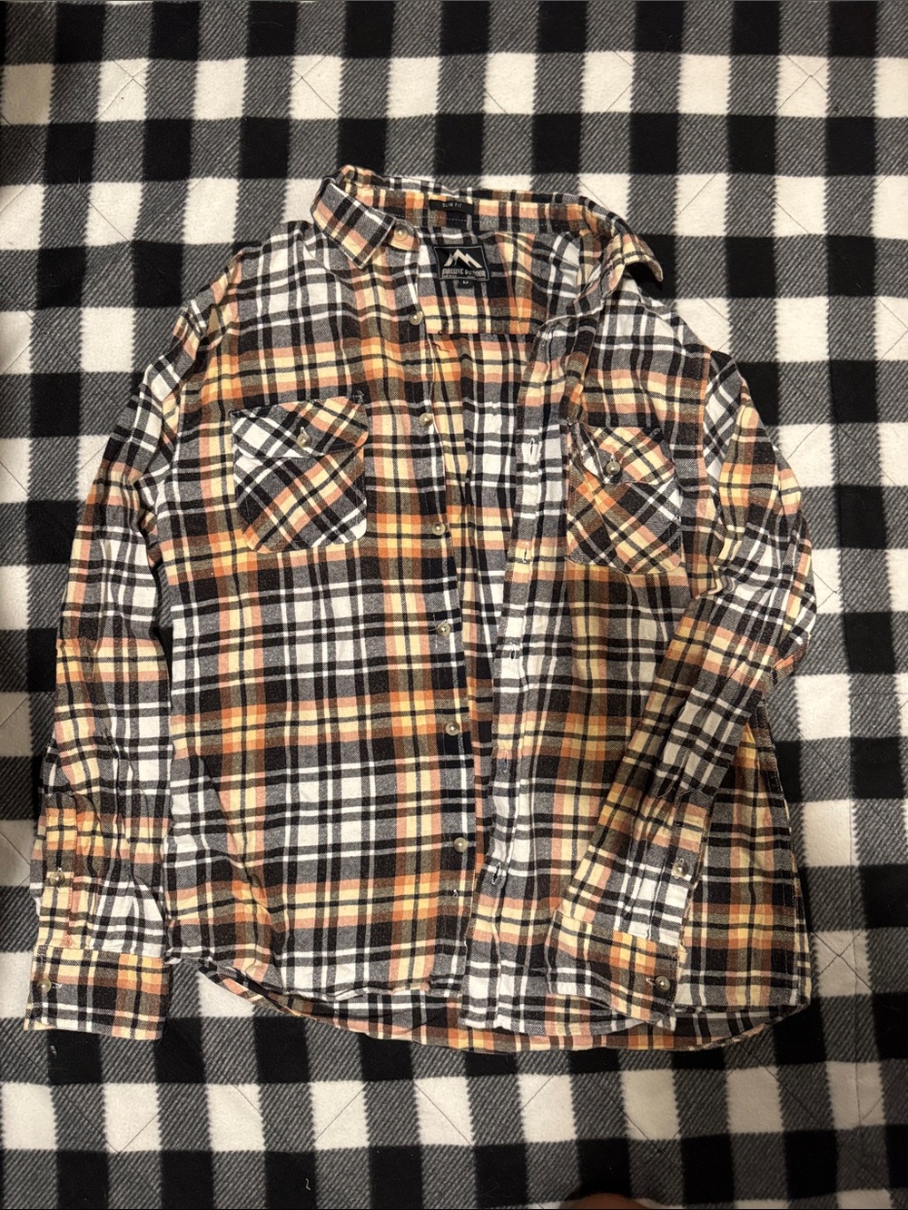Men's Plaid Flannel Shirt - Black, White & Orange